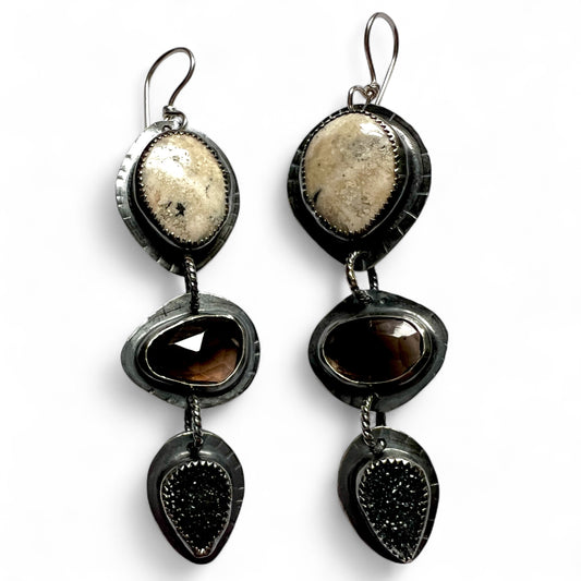 White Buffalo  Turquoise, Smoky Quartz and Black Druzy Lollipop Earrings