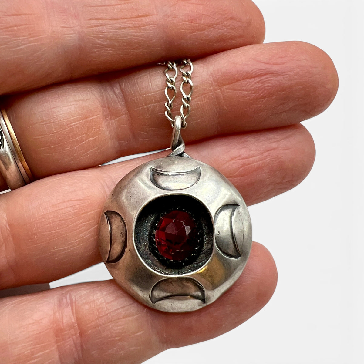 Garnet Crescent Moon Shadow Box Necklace