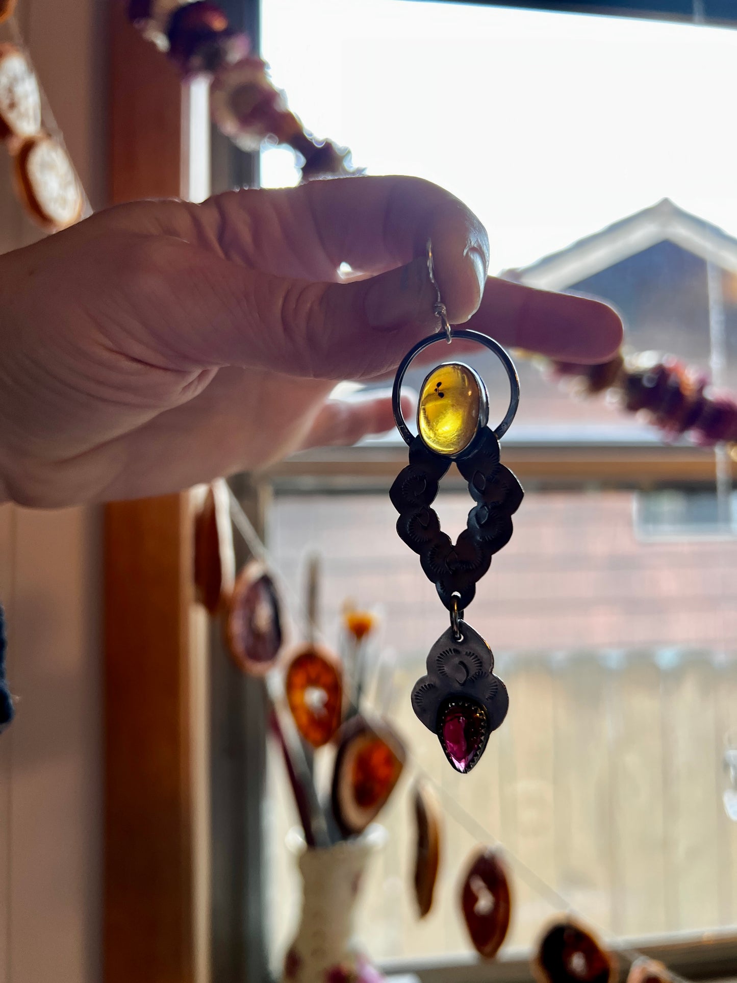 Venus Earrings with Amber and Garnet
