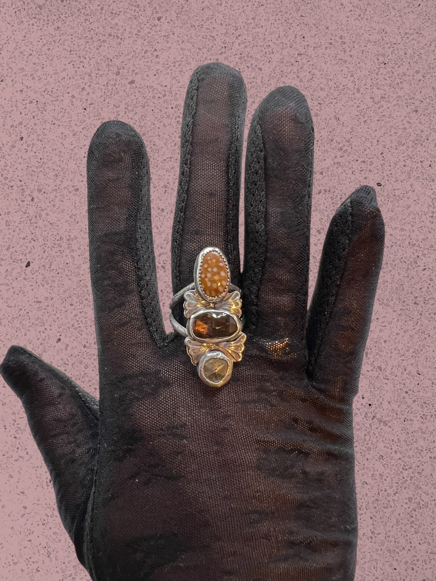 Fawn Jasper, Smoky Quartz and Pyrite Ring size 10