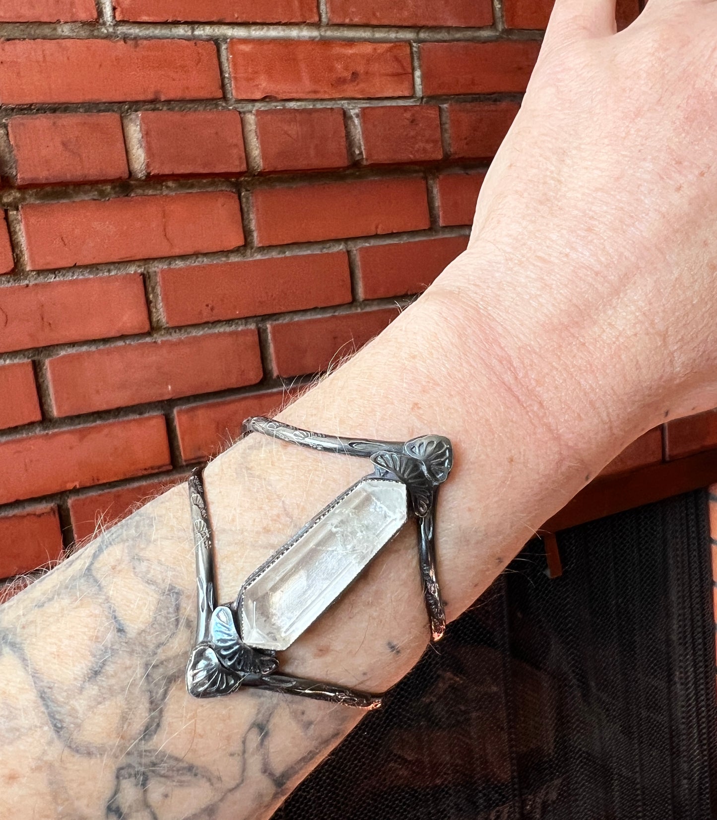 Double Point Clear Crystal Quartz Power Cuff Bracelet