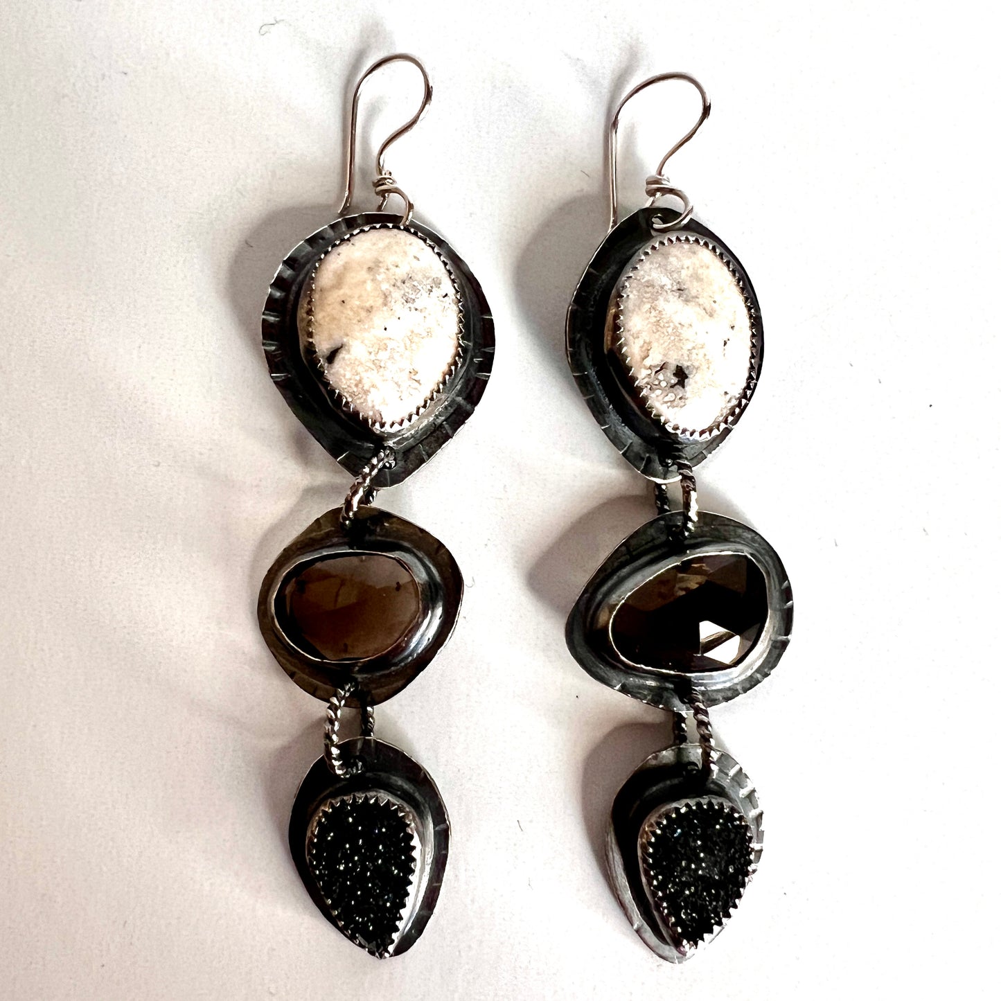 White Buffalo Turquoise, Smoky Quartz and Black Druzy Lollipop Earrings