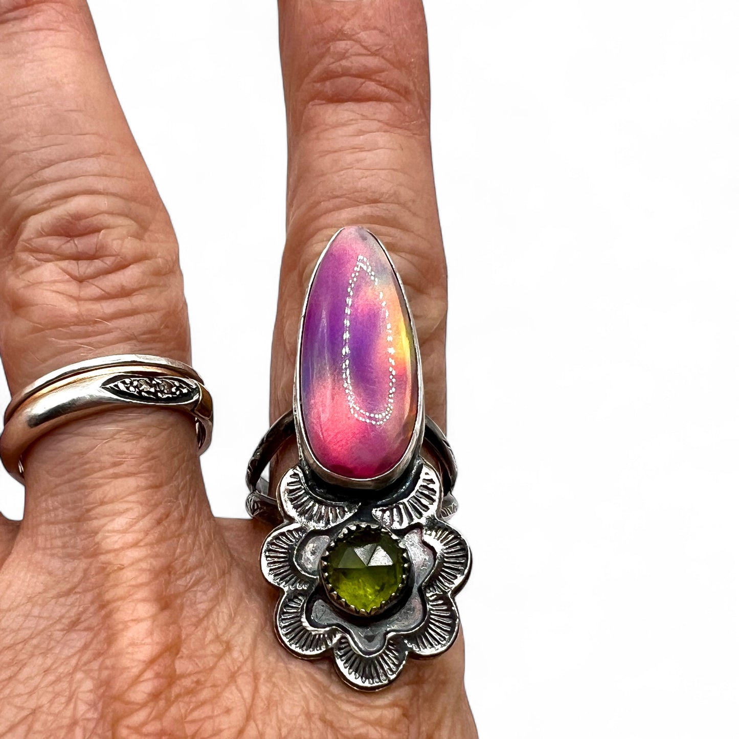 Aura Opal and Peridot Ring size 8.5