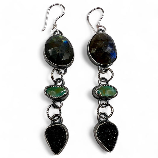 Labradorite, Turquoise and Black Druzy Lollipop Earrings