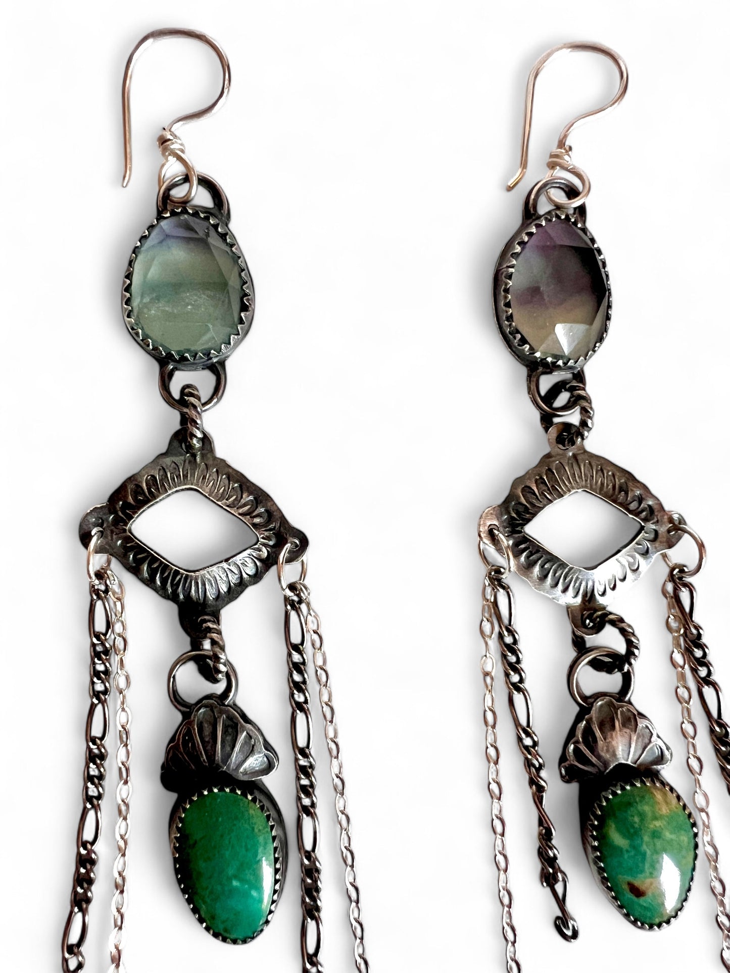 Fluorite and Turquoise Chain Dangle Earrings