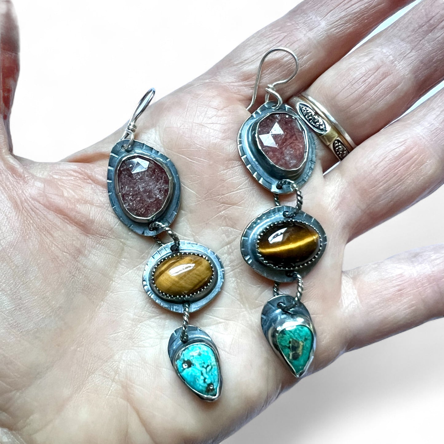 Strawberry Quartz, Tiger’s Eye, Turquoise Lollipop Earrings