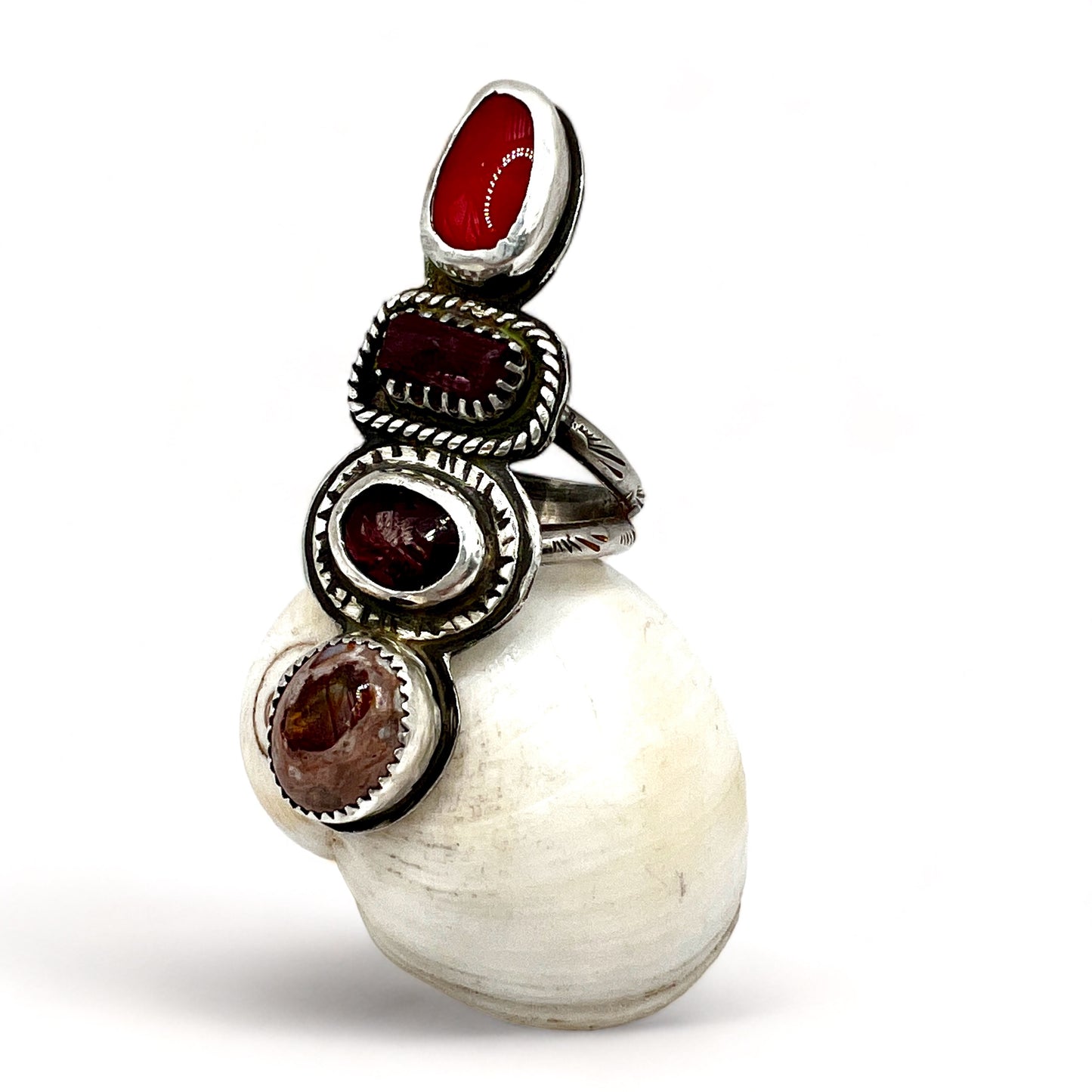 Rosarita, Watermelon Tourmaline, Garnet and Fire Opal Quadruple Ring size 6.75