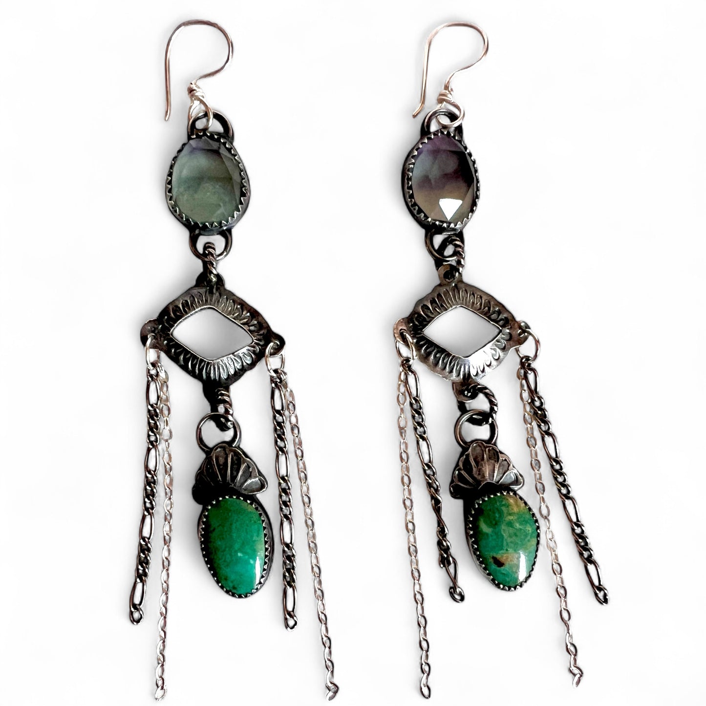 Fluorite and Turquoise Chain Dangle Earrings