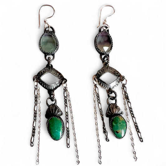 Fluorite and Turquoise Chain Dangle Earrings