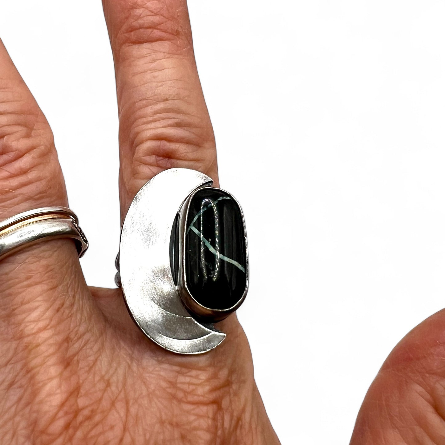 Black Ribbon Turquoise Crescent Ring size 8