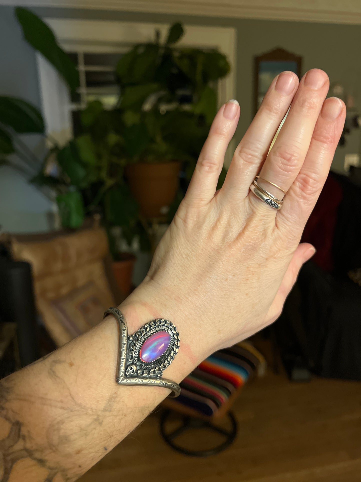 Big Splash Aura Opal with Chain and Skull Gaviota Cuff Bracelet