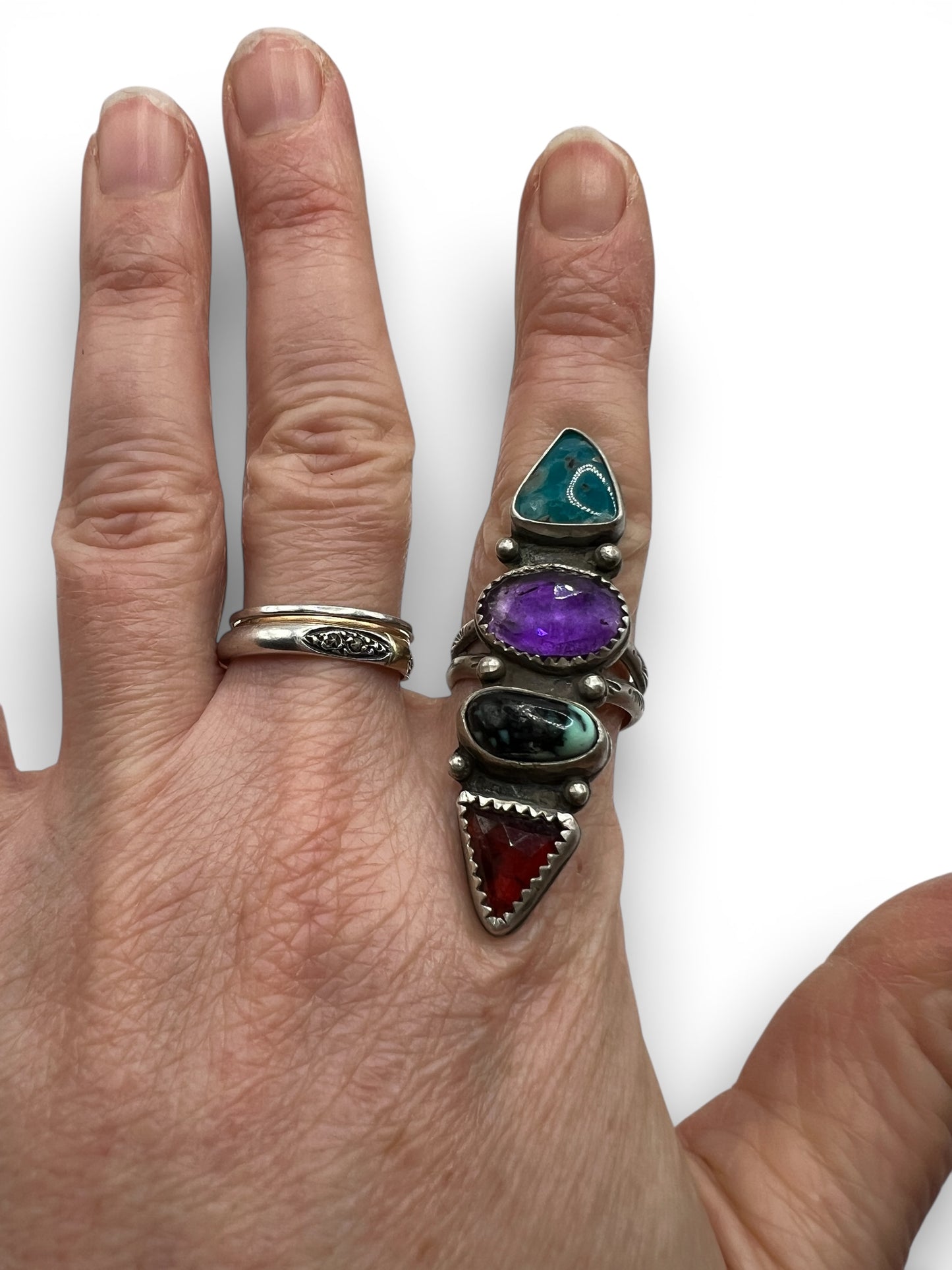 Turquoise, Amethyst, Variscite and Garnet 4 Stone Ring size 7.5