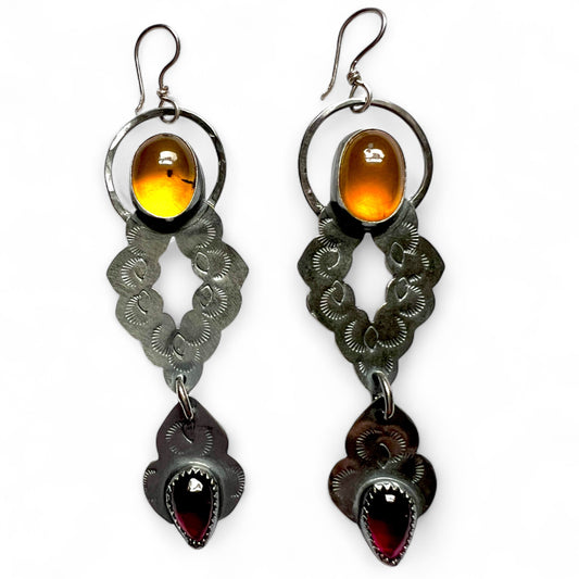 Venus Earrings with Amber and Garnet