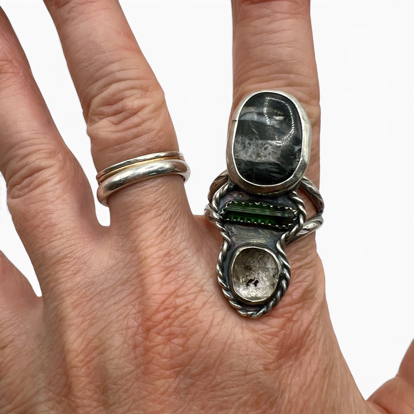 White Buffalo Turquoise, Watermelon Tourmaline and Herkimer Diamond Ring size 11