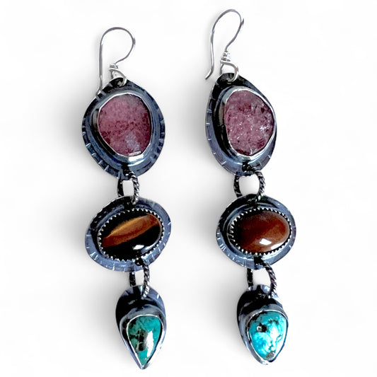 Strawberry Quartz, Tiger’s Eye, Turquoise Lollipop Earrings