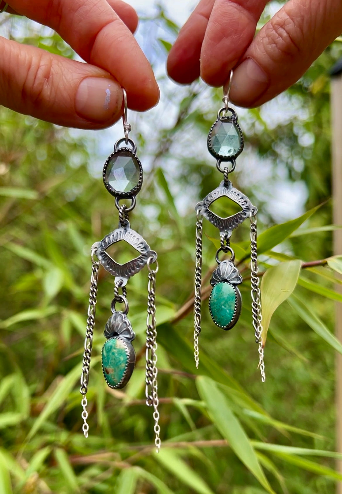 Fluorite and Turquoise Chain Dangle Earrings