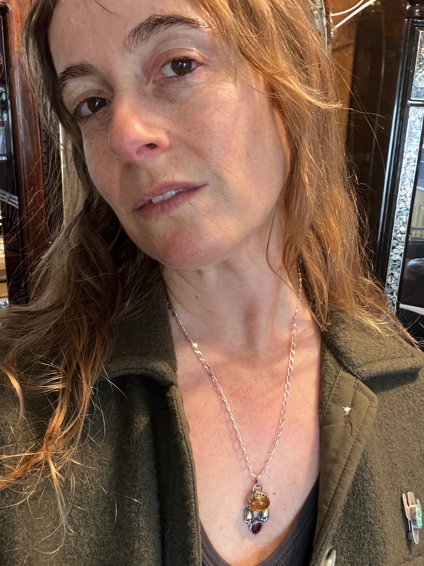 Baltic Amber and Garnet Double Skull Necklace