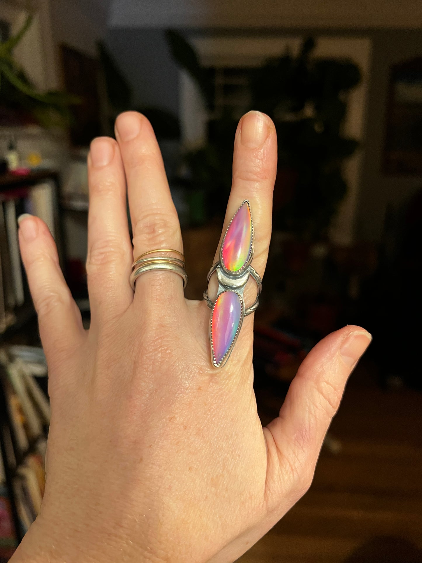 Big Splash Double Opal Aura Moon Ring size 6.25