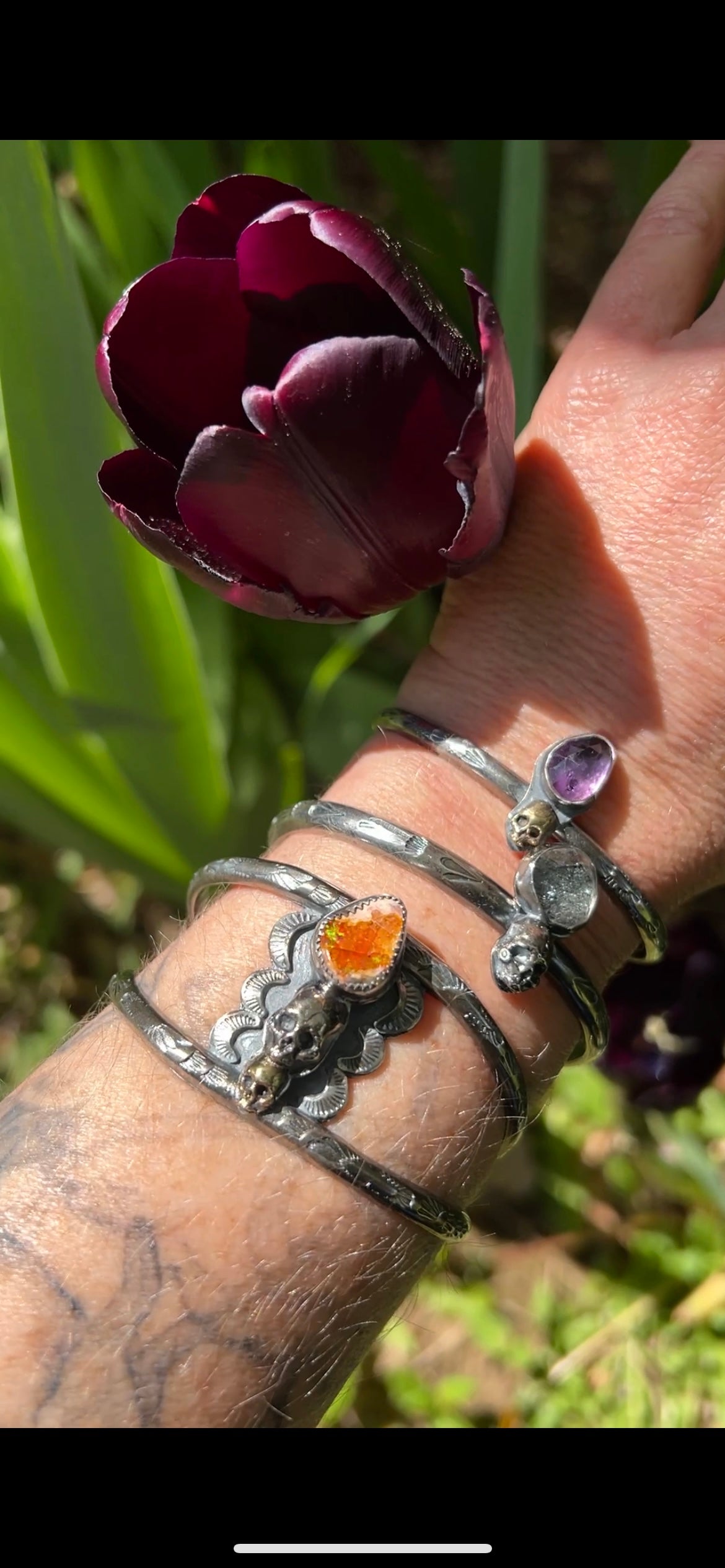 Mexican Fire Opal Lacey Skulls Cuff Bracelet