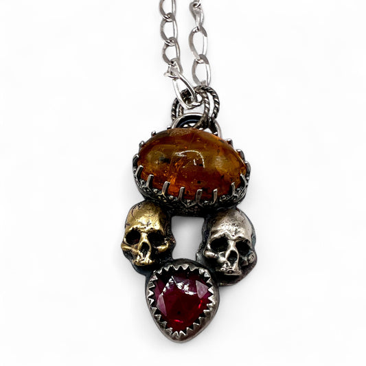 Baltic Amber and Garnet Double Skull Necklace