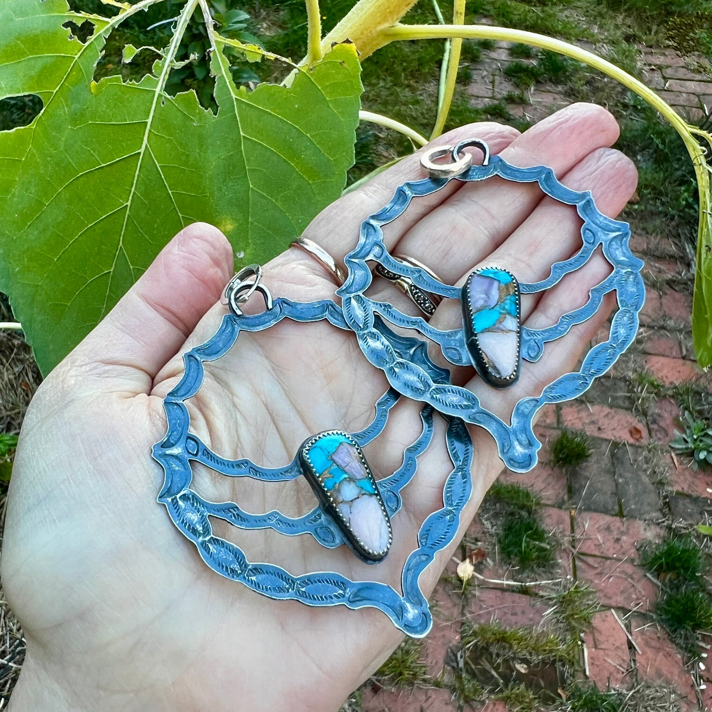 Many Moons Hoop Earrings with Peruvian Opal Mojave Turquoise