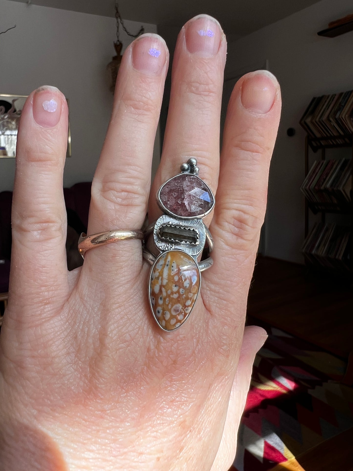 Strawberry Quartz, Tourmaline and Jasper Ring size 7.75