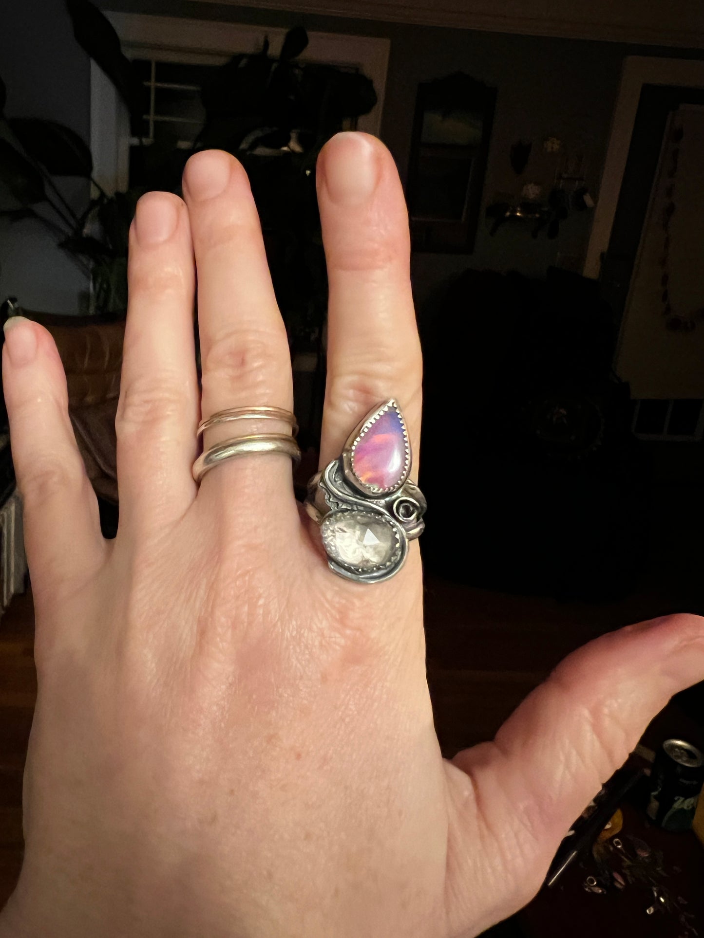 Big Splash Opal Aura and Rose Quartz Ring size 9
