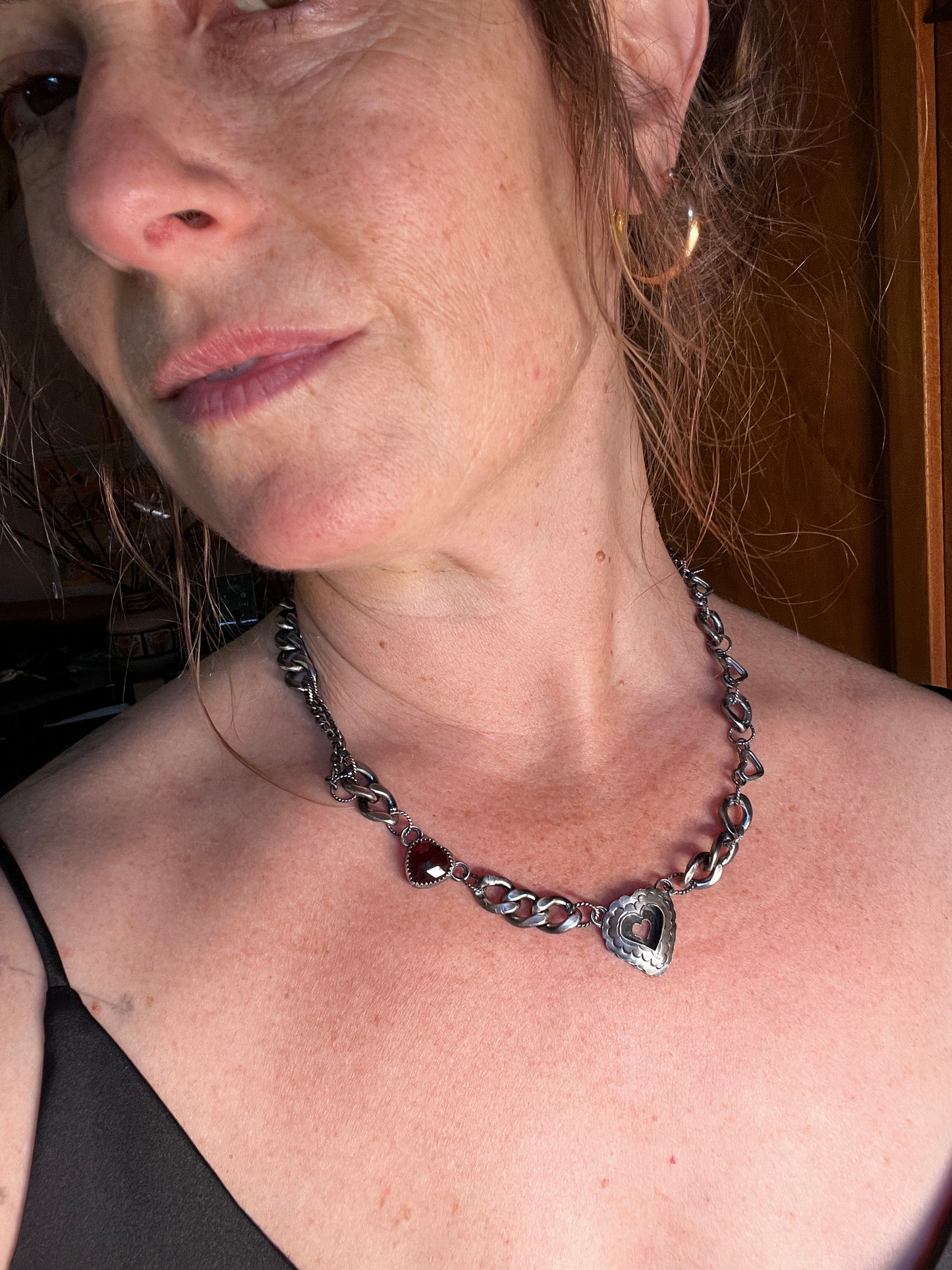 Garnet Sweetheart Necklace With Triple Hearts