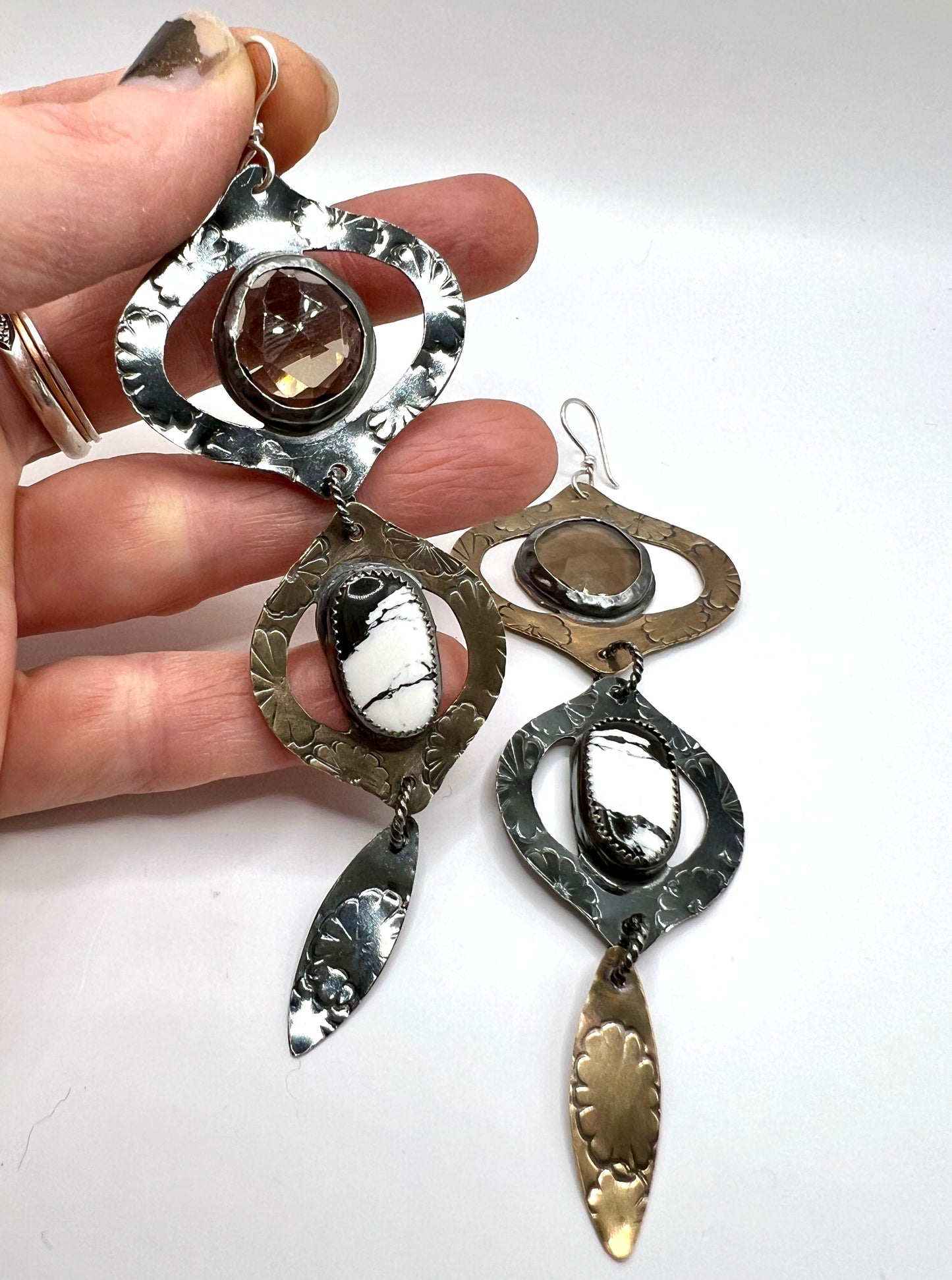 Smoky Quartz and White Buffalo Turquoise Mixed Metal Bombay Beach Earrings