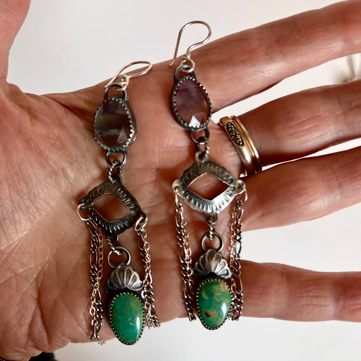 Fluorite and Turquoise Chain Dangle Earrings