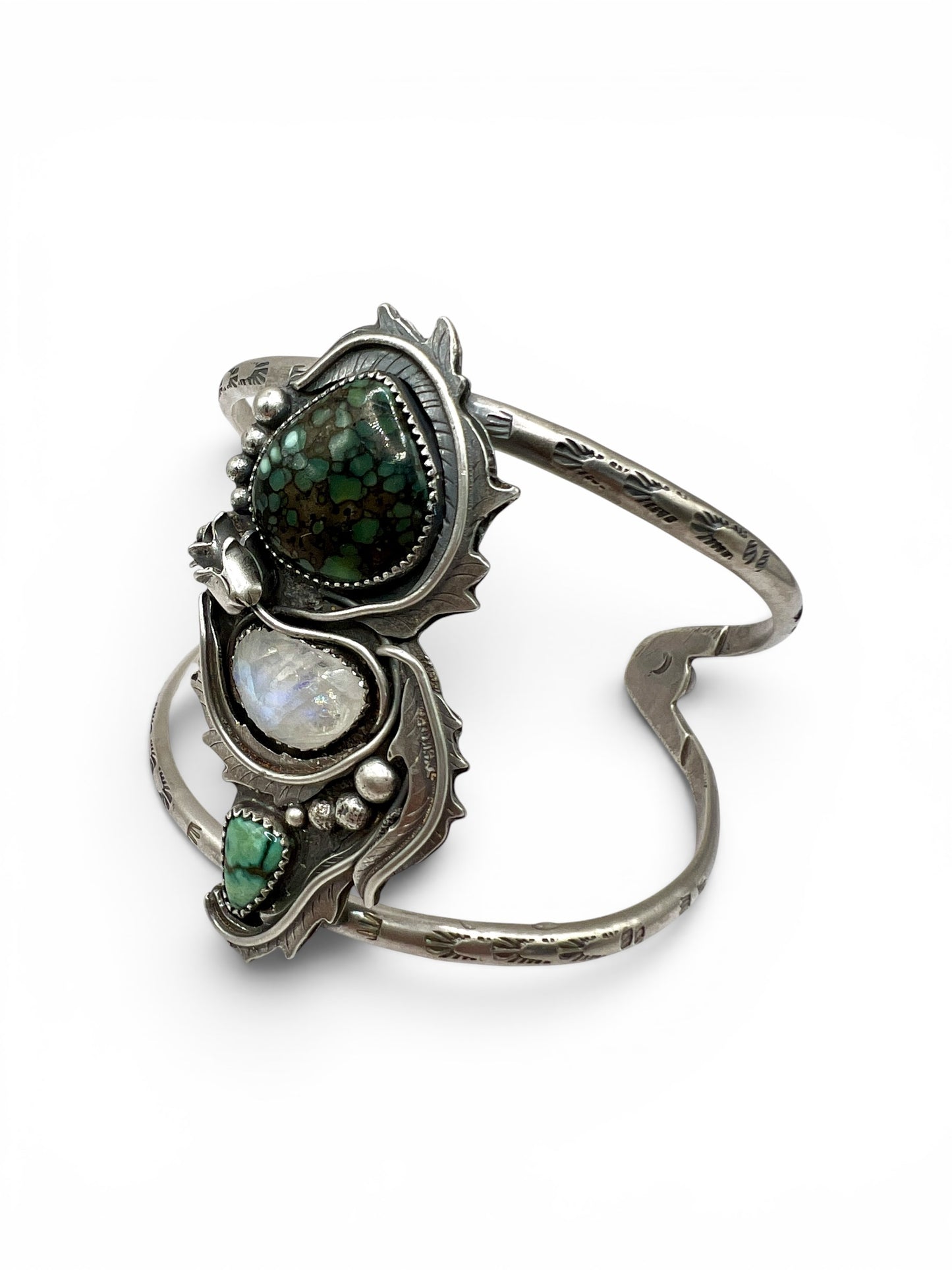 Custom Rose Parade cuff bracelet for Megan: Starfox and New Lander Variscite with Moonstone