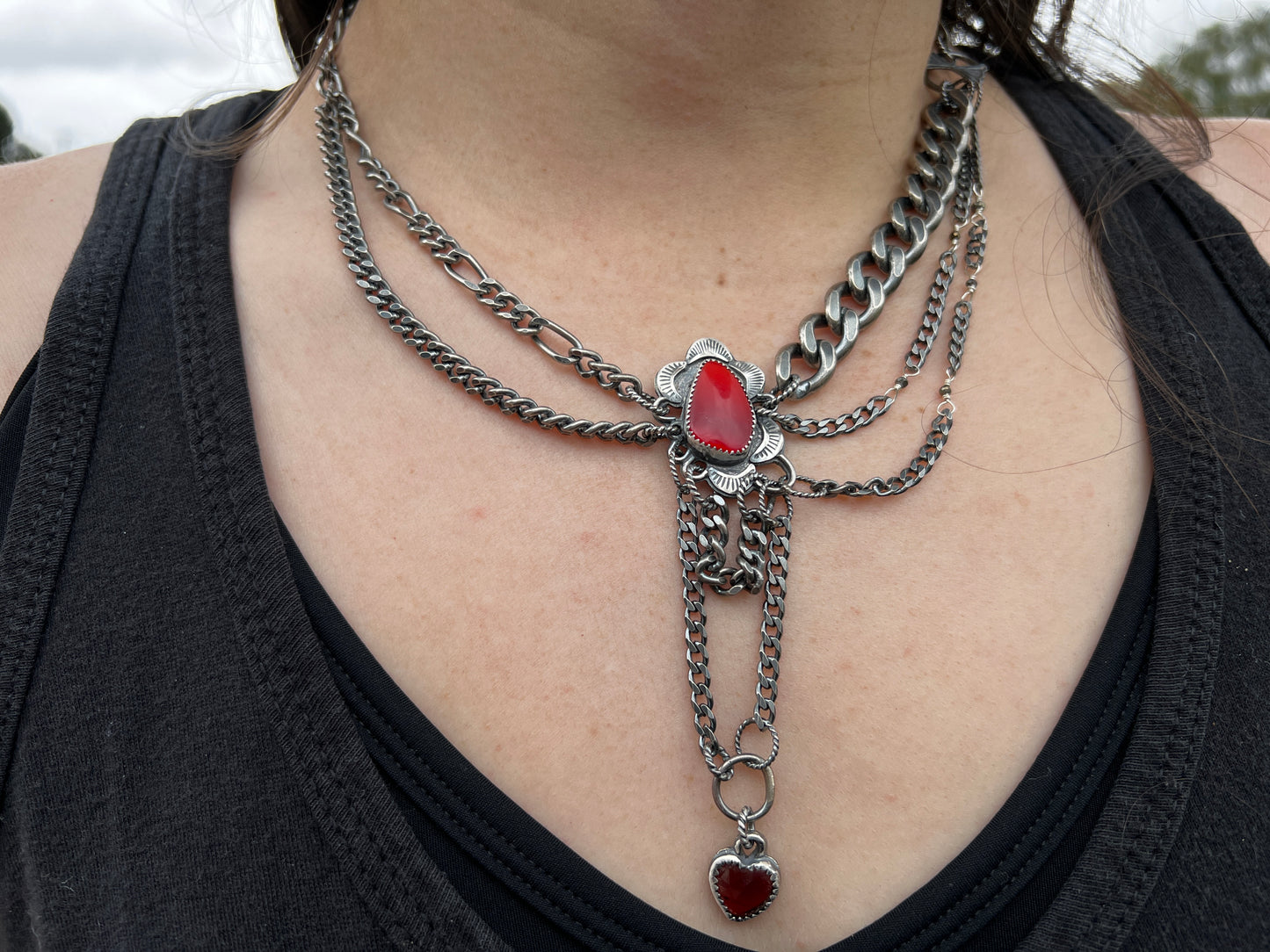 Rosarita and Garnet Heart Thick Multi Chain Necklace