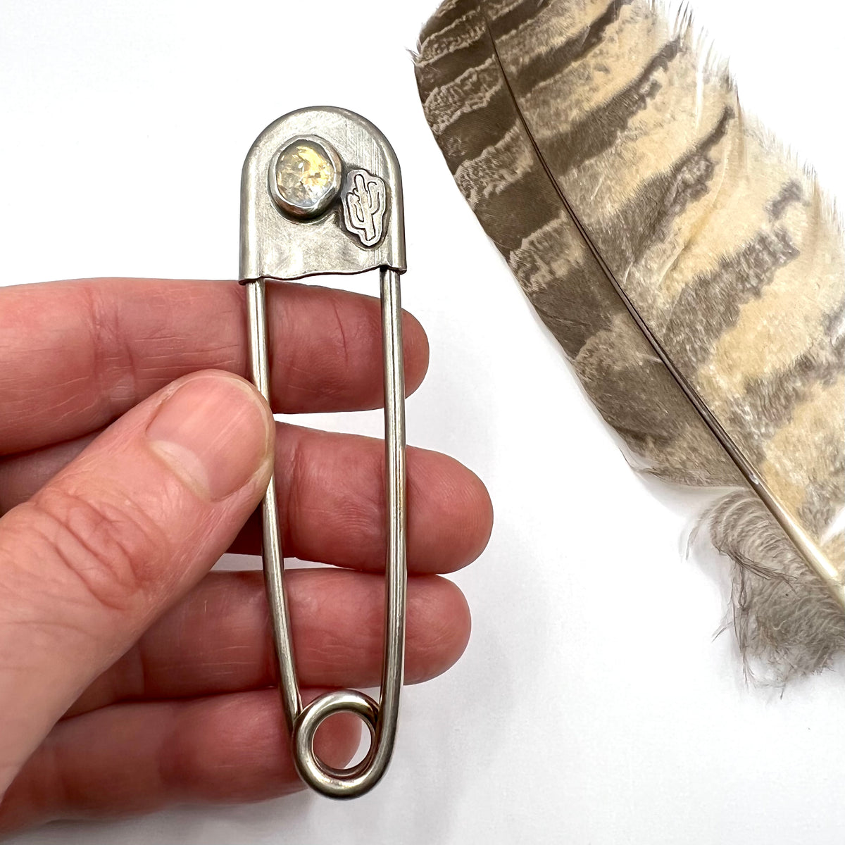 Medium Safety Pin with Cactus and Moonstone