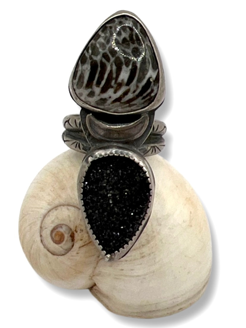 Black Druzy and Fossil Coral Ring size 5.5