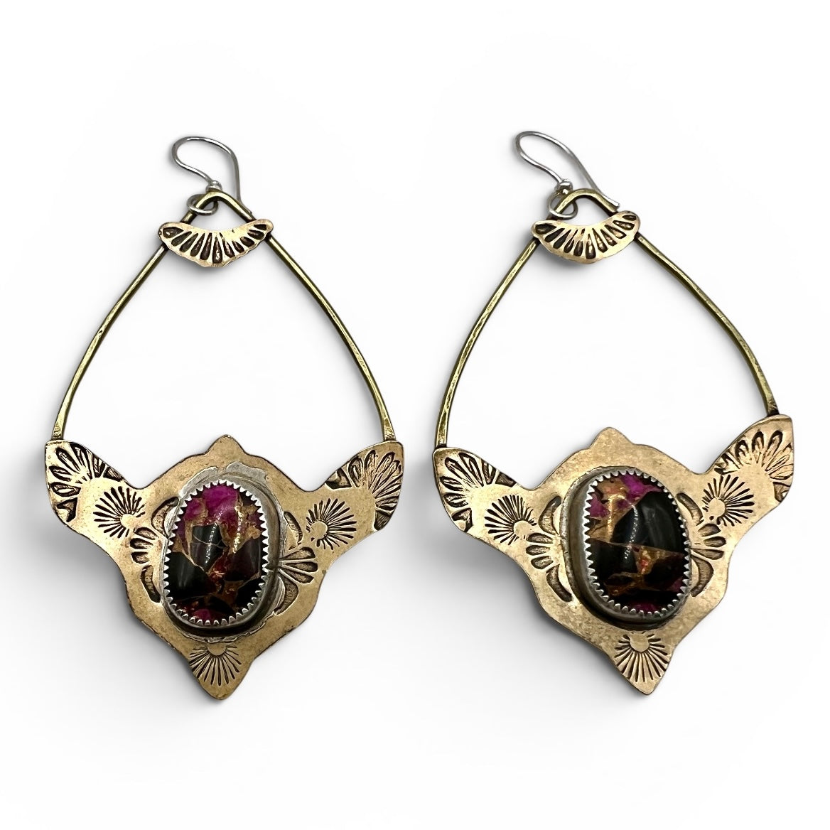 Pink Calcite Black Obsidian Brass Monkey Earrings