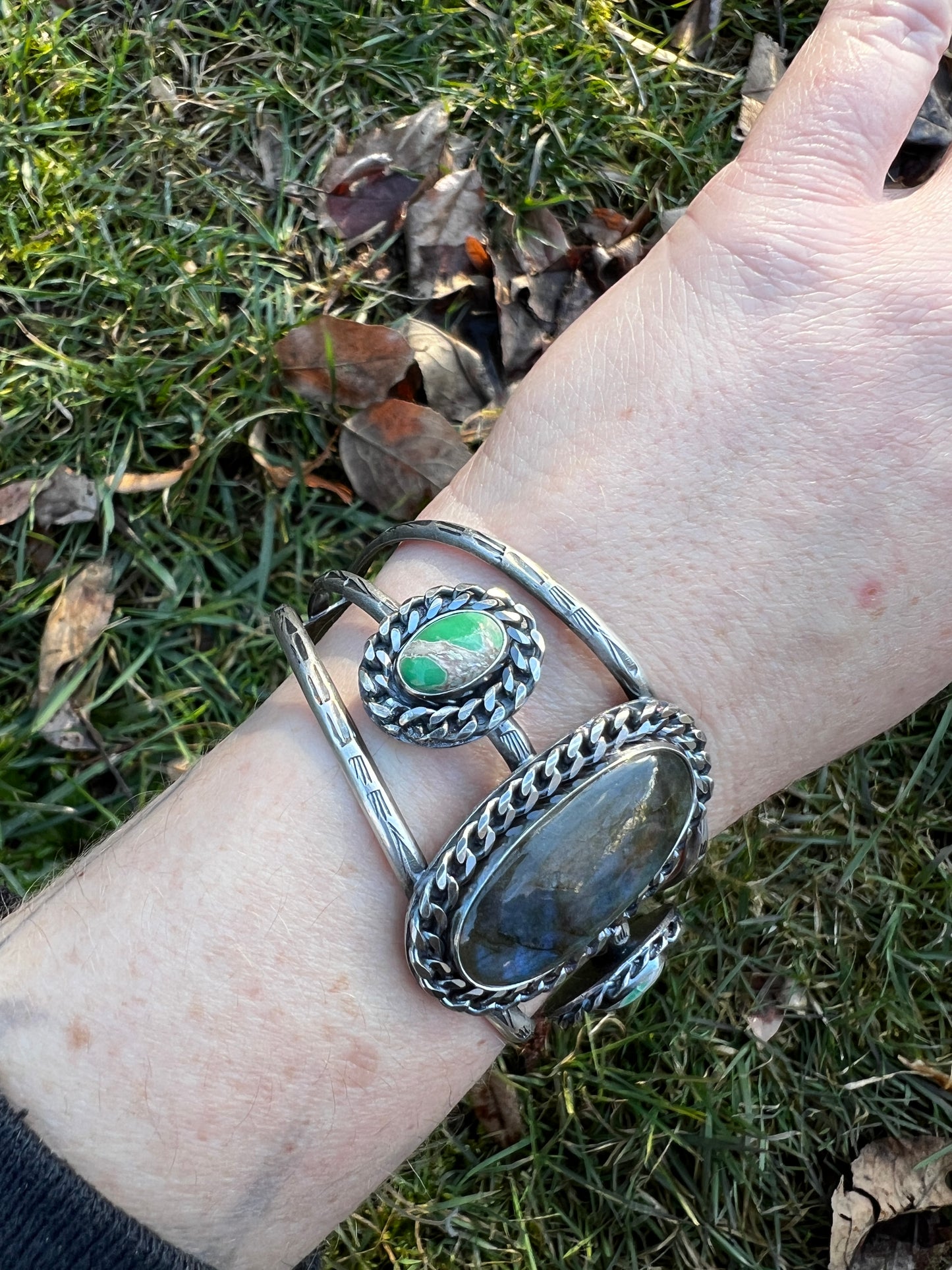 Labradorite and Variscite Chain Cuff Bracelet