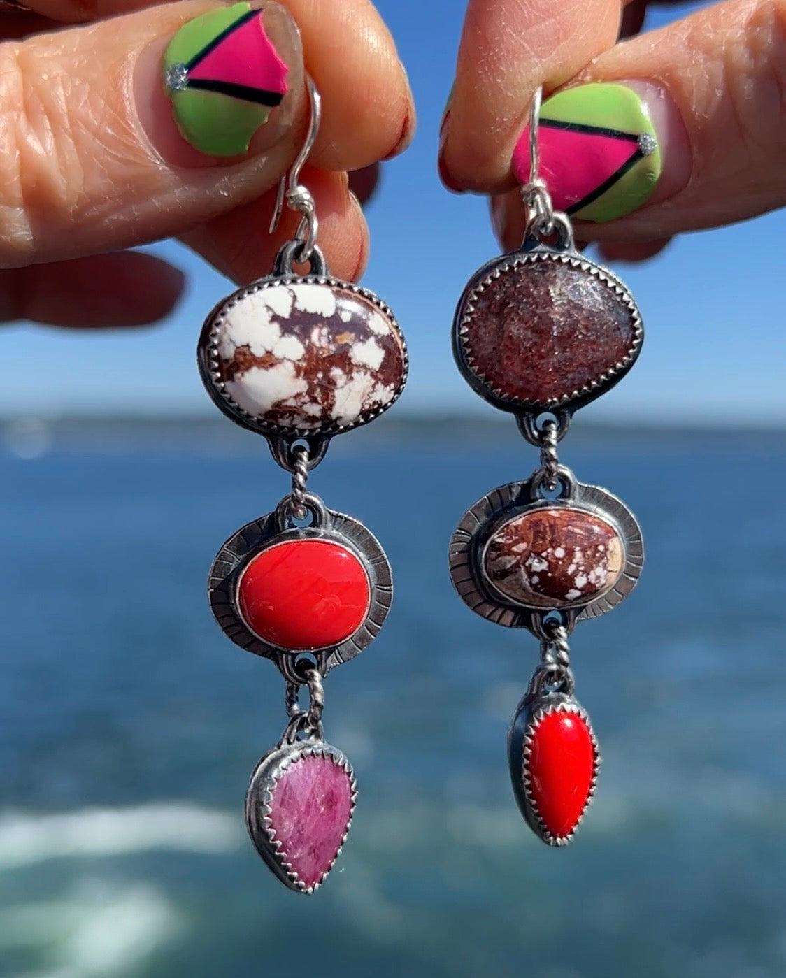 Lollipop Earrings of Wild Horse Magnesite, Rosarita, Ruby and Strawberry Quartz