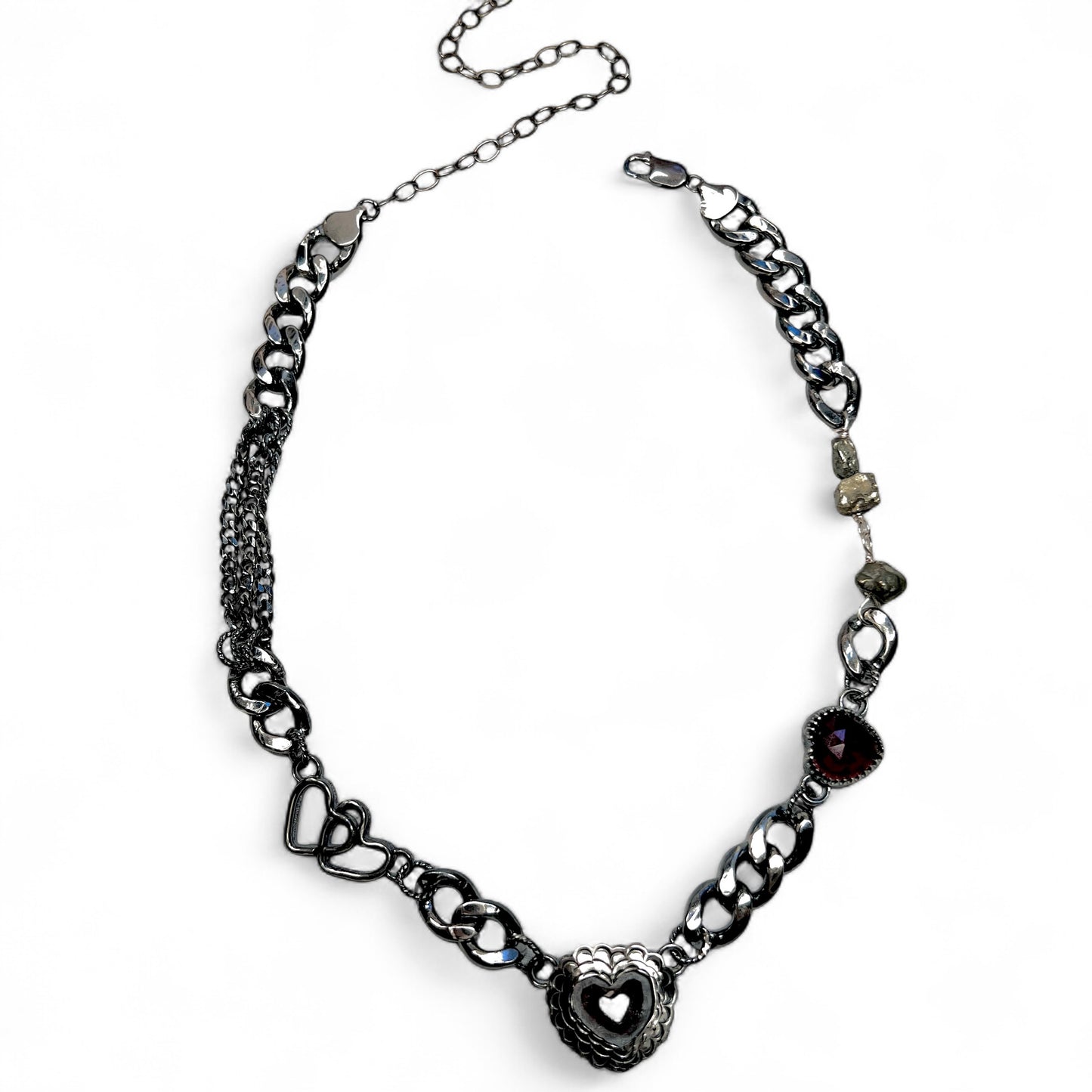 Garnet Sweetheart Necklace With Interlacing Hearts and Pyrite