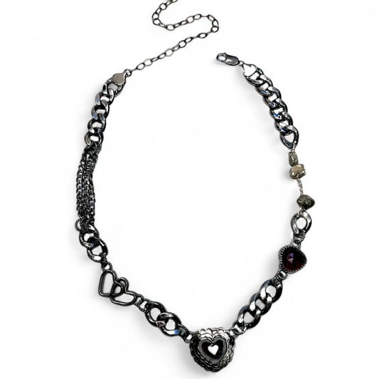 Garnet Sweetheart Necklace With Interlacing Hearts and Pyrite