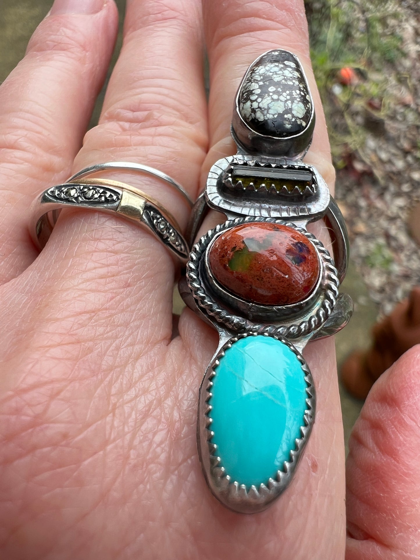 Poseidon Variscite, Watermelon Tourmaline, Mexican Fire Opal and Blue Bandit Turquoise 4 Stone Ring size 5.5