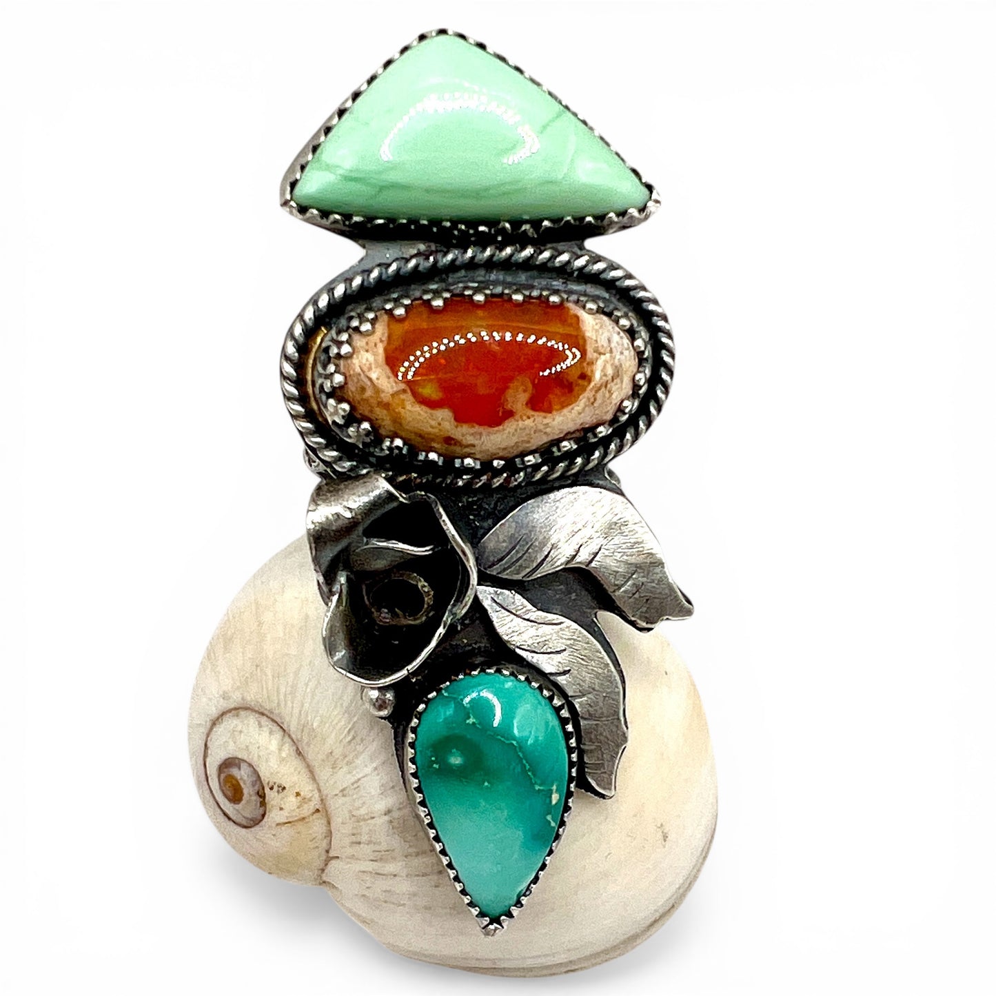 Broken Arrow Variscite, Mexican Fire Opal and Carico Lake Turquoise Rose Parade Ring size 6.5