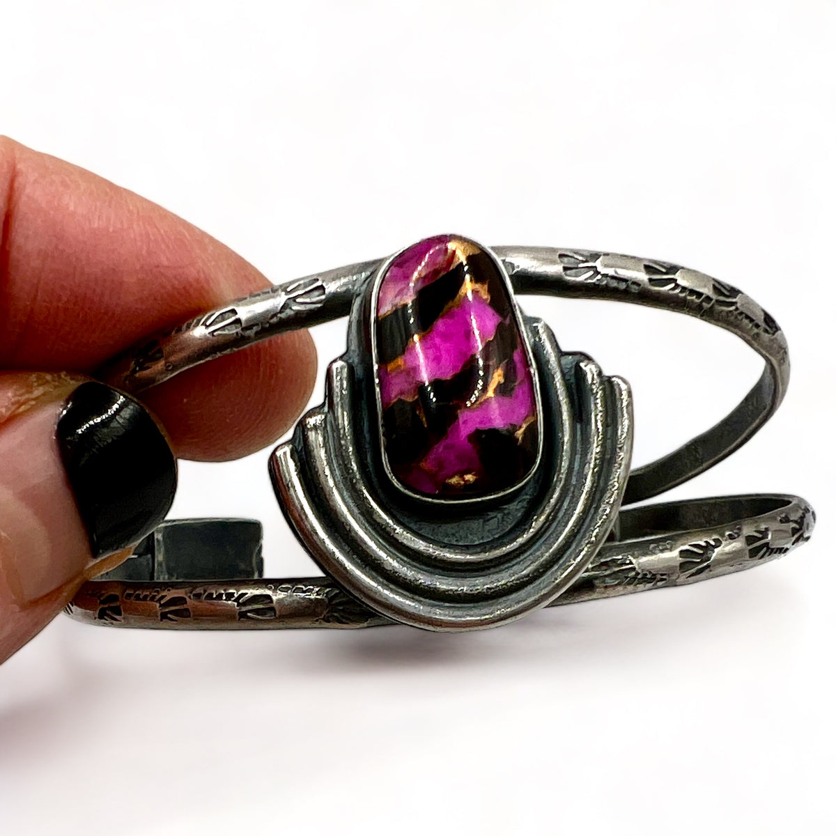Pink Calcite Black Onyx Arc Cuff Bracelet