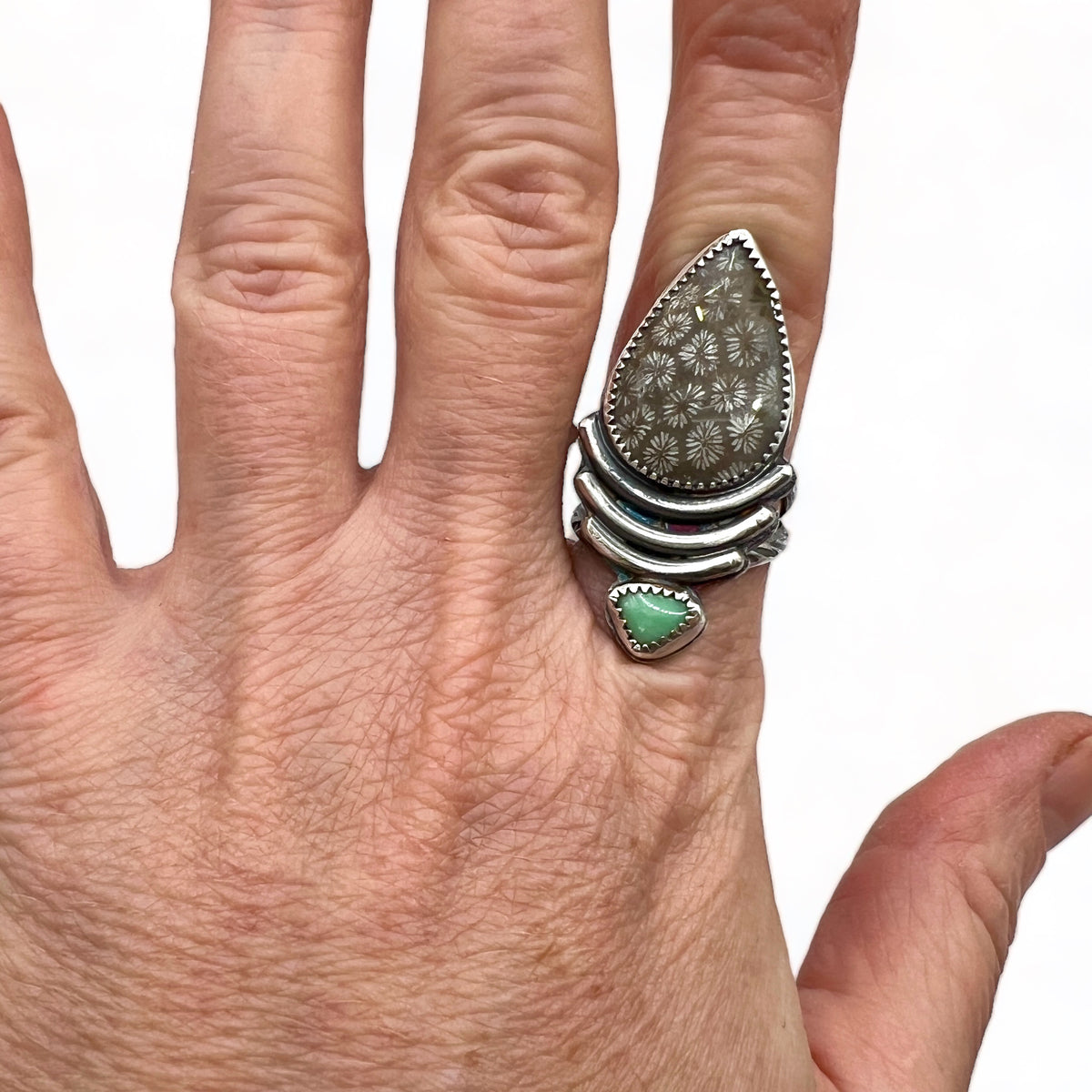Fossil Coral and Variscite Parnassus Ring size 6.75