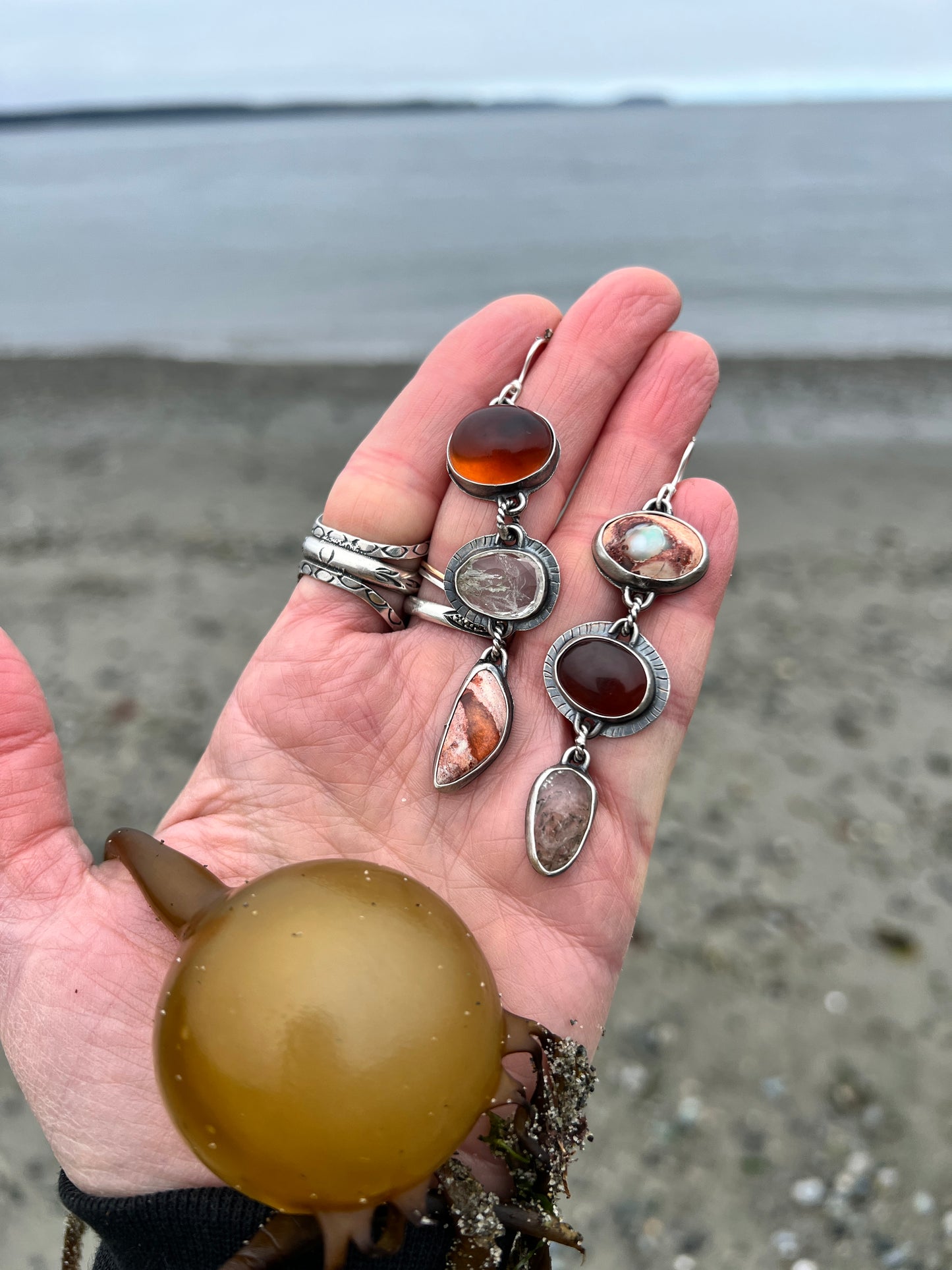 Lollipop Earrings of Mexican Fire Opal, Baltic Amber and Herkimer Diamond