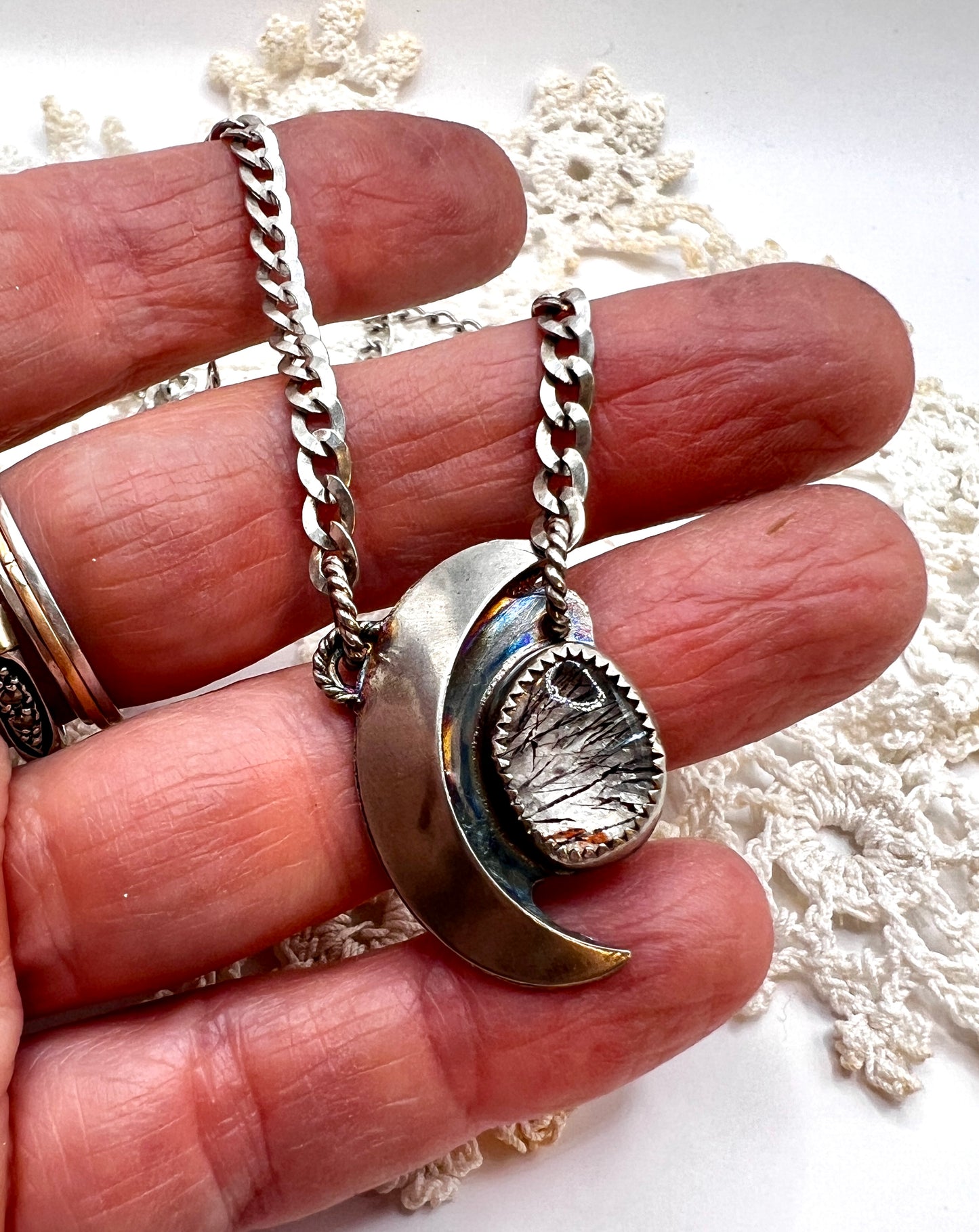 Black Rutilated Quartz Crescent Moon Necklace