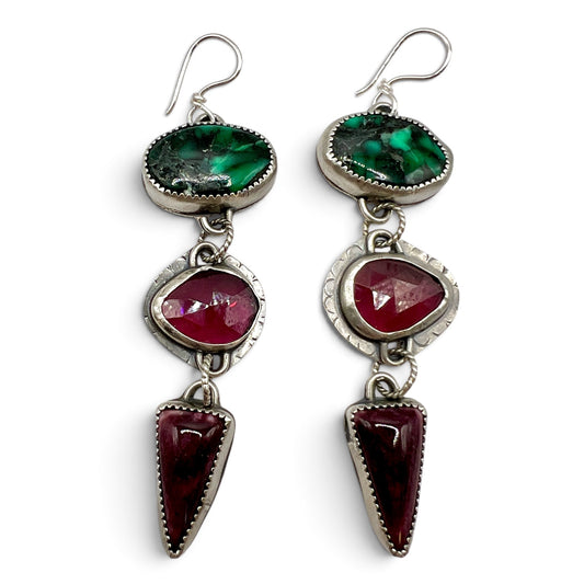 Emerald Rose Variscite, Garnet and Alunite Lollipop Earrings