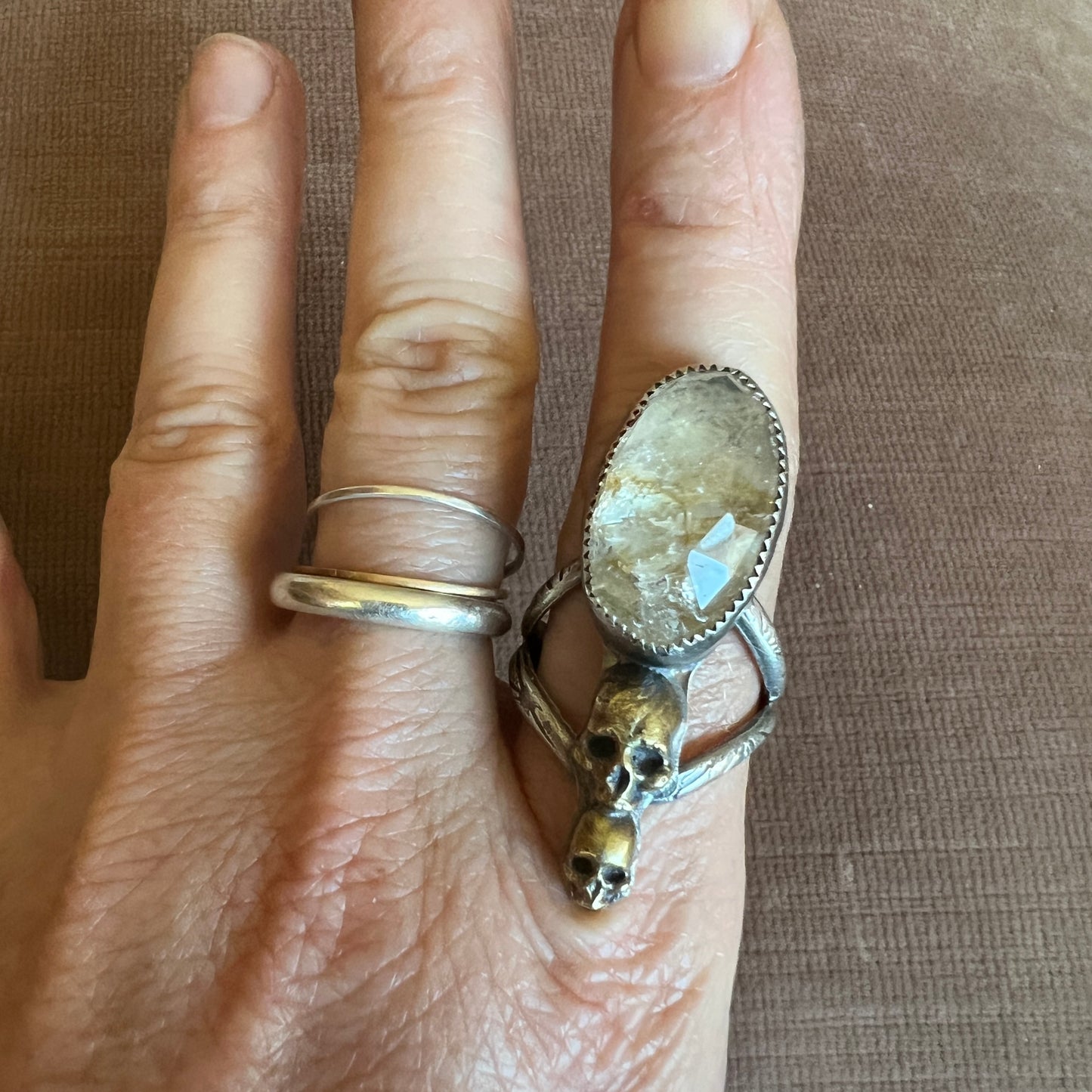 Herkimer Diamond Double Skull Ring size 8.5