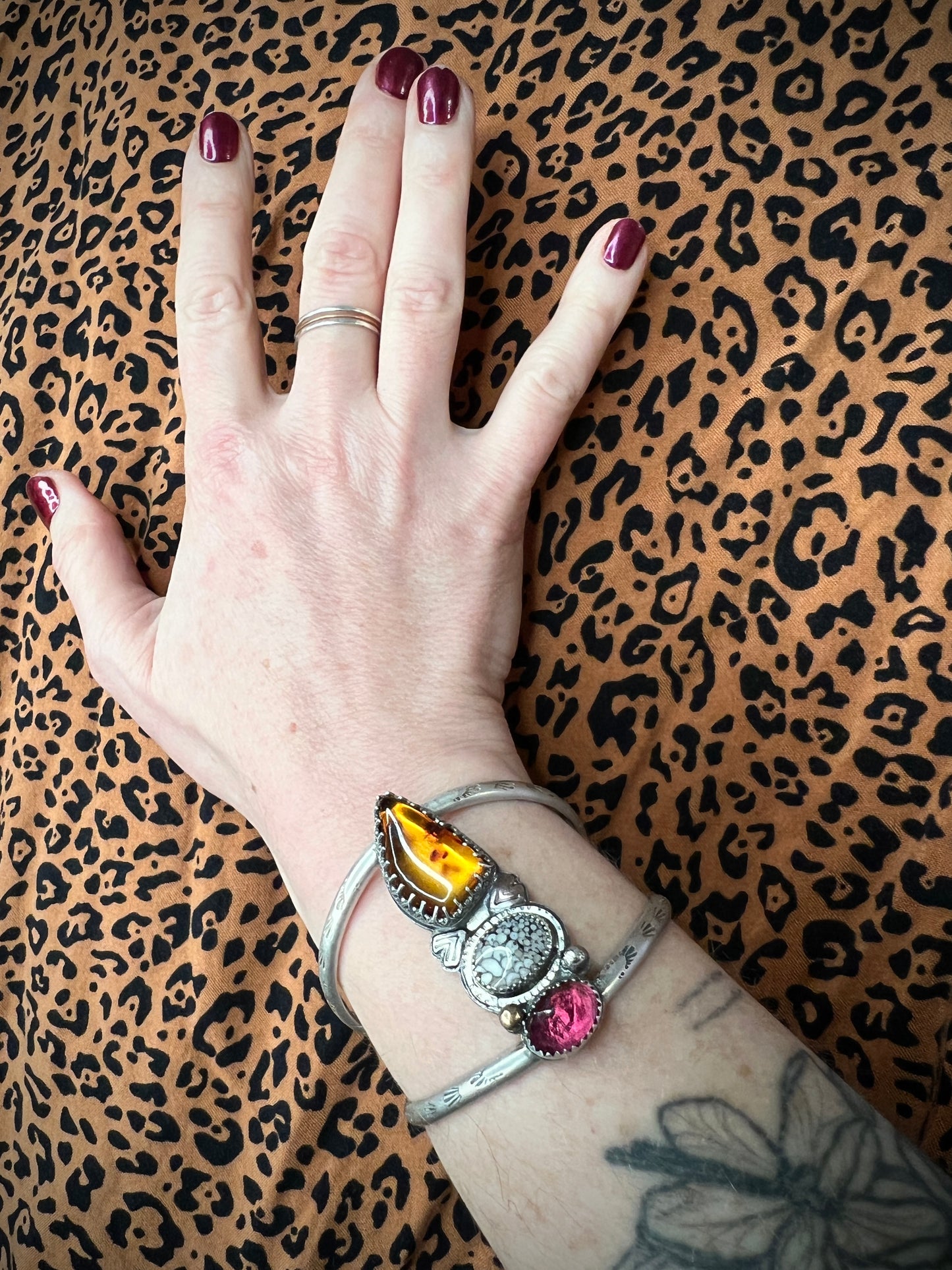 Baltic Amber, Snakeskin Agate and Grape Garnet Arrow Cuff Bracelet