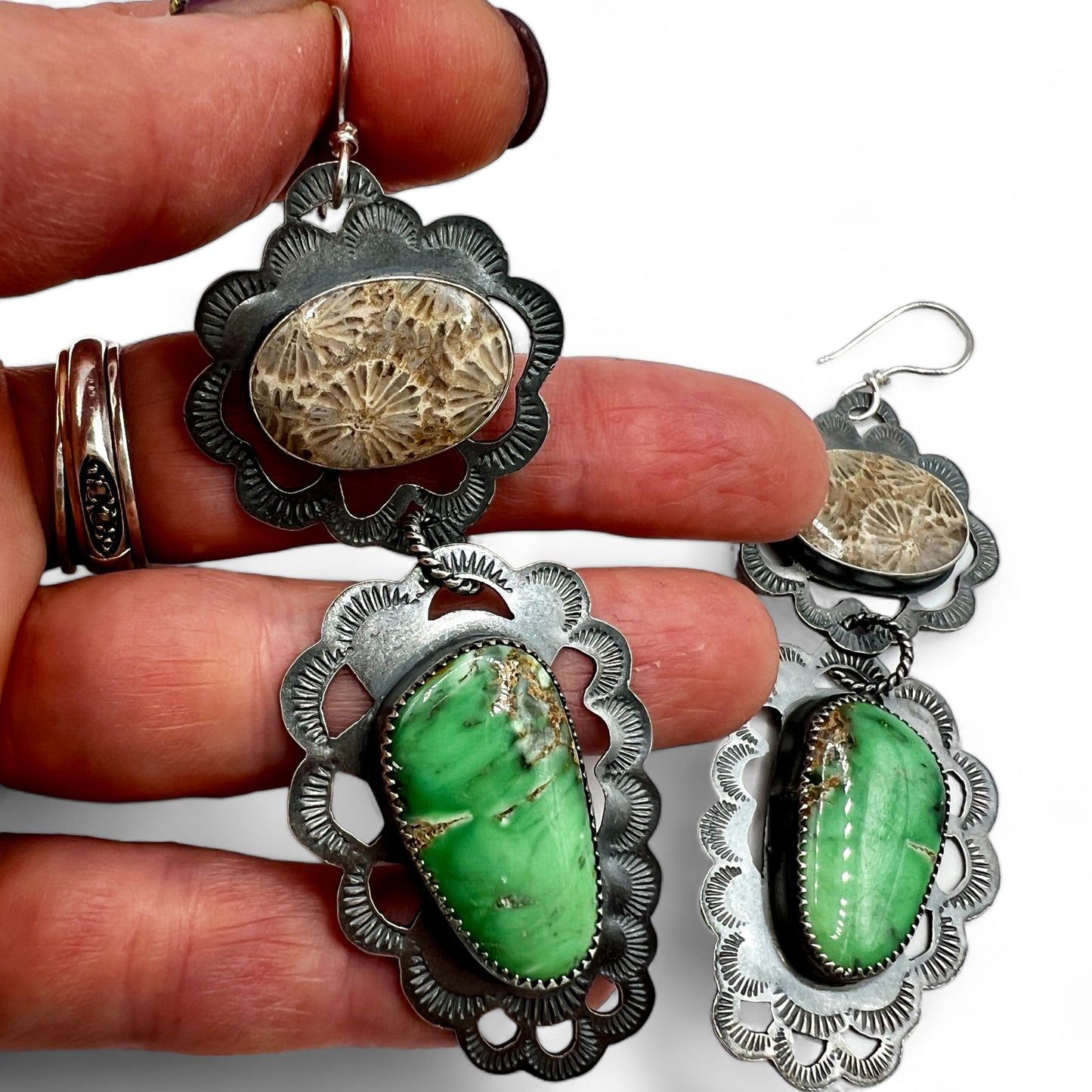 Fossil Coral and Variscite Ruffle Earrings