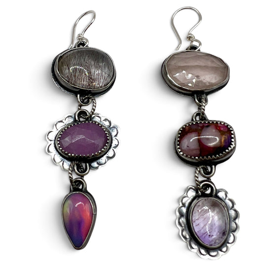 Super 7, Peruvian Opal Composite, Rose Quartz, Aura Opal & Kunzite Lollipop Earrings